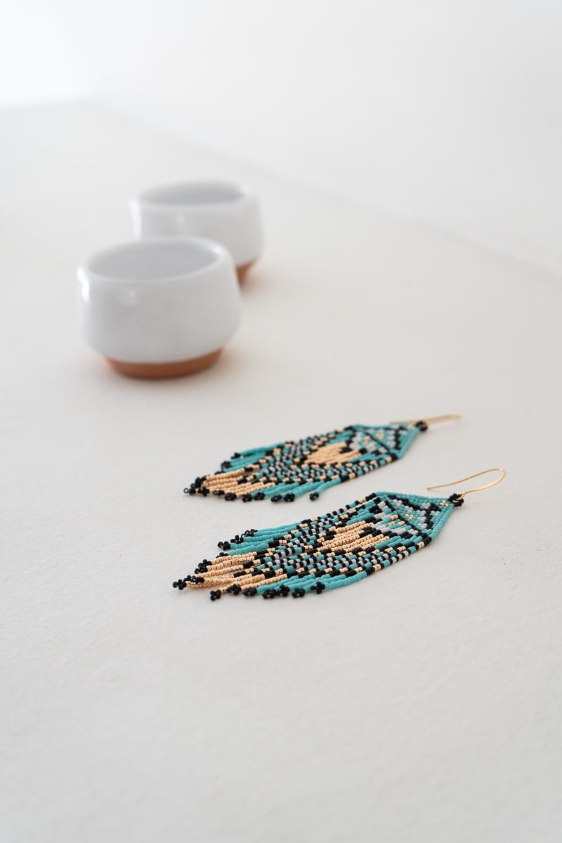 Ojo de Dios Handmade Beaded Earrings | Turquoise + rose gold