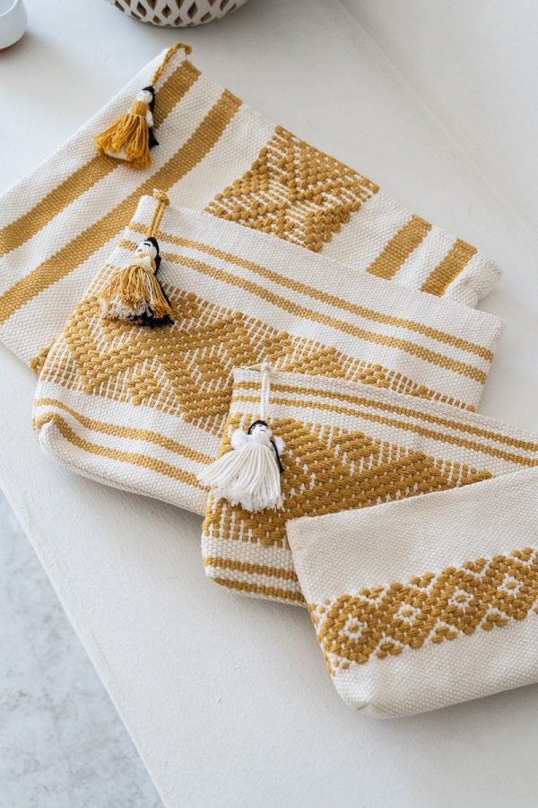Handwoven Mexican Textile Bag | Ochre on White