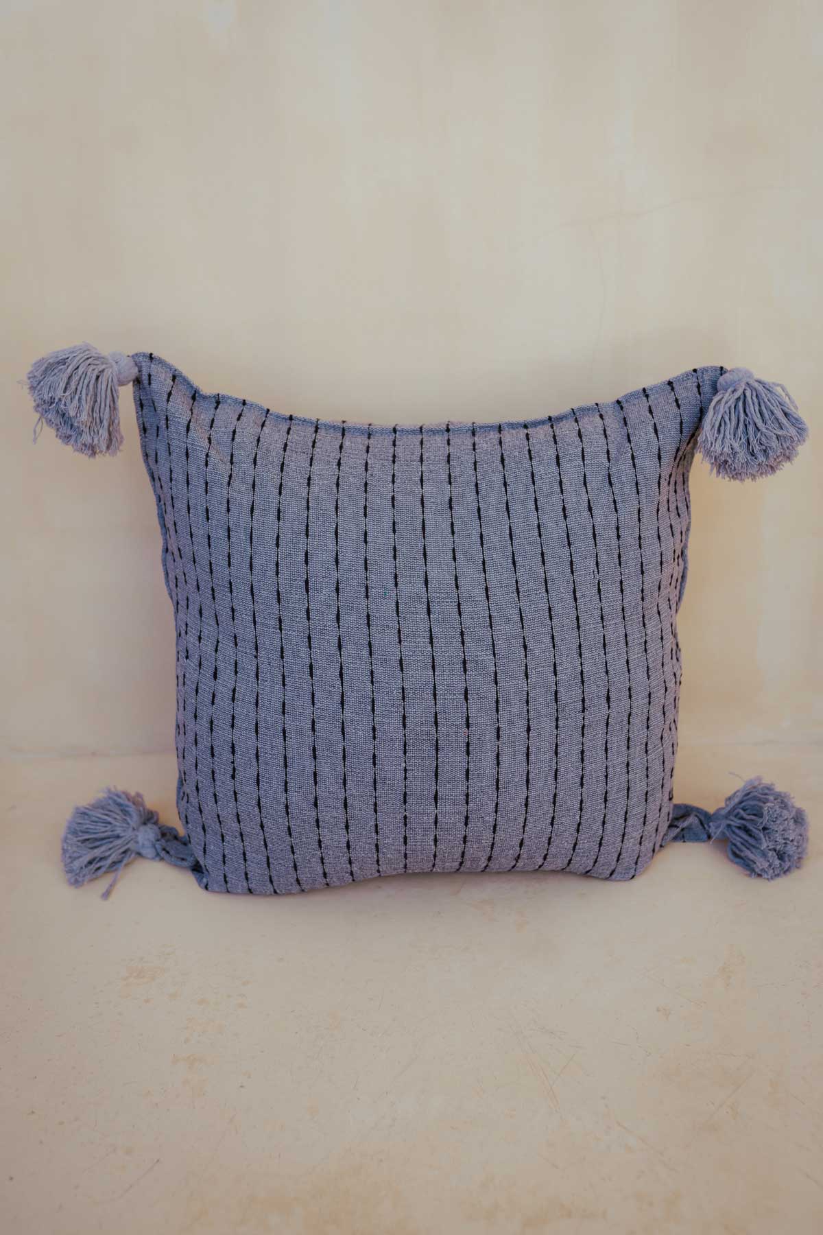 Handmade Cotton Throw Pillow with Tassels | Grey Blue