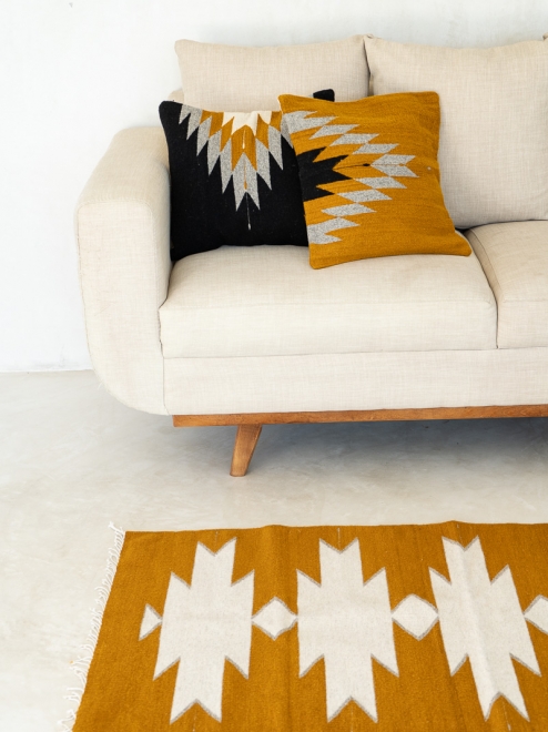Relampago Handmade Cushion | Black With Mustard And Grey